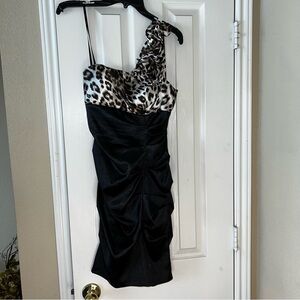 Stacy Sklar One-Shoulder Black and Leopard Dress